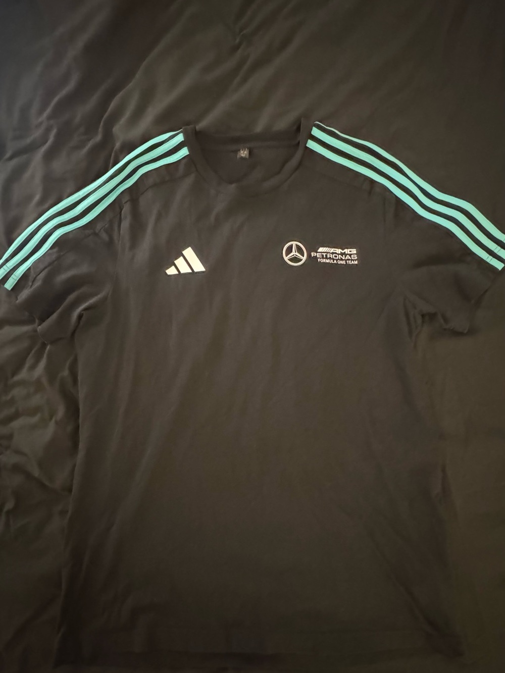 adidas Black Tee with Teal Shoulder Stripes and Logos